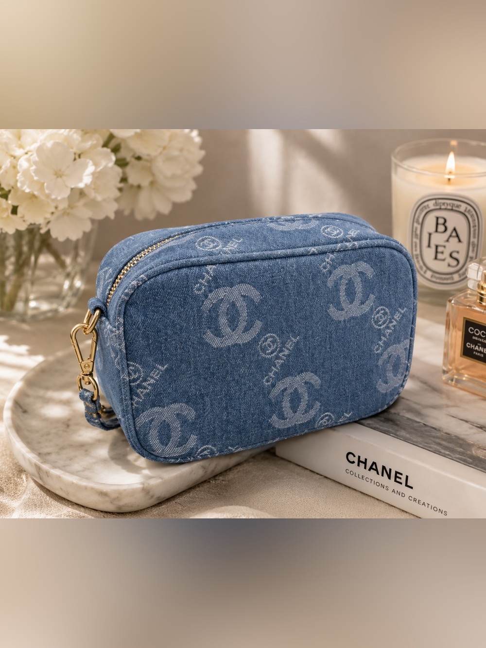 Chanel GWP Denim Cosmetic Bag – CC Monogram Travel Pouch (Blue or Black)